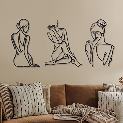 Photect 3 Pieces Metal Wall Art Decor Minimalist Abstract Woman Modern Line Drawing Female Single Home Hanging for Bedroom Kitchen Bathroom Living Room (Black, Retro)