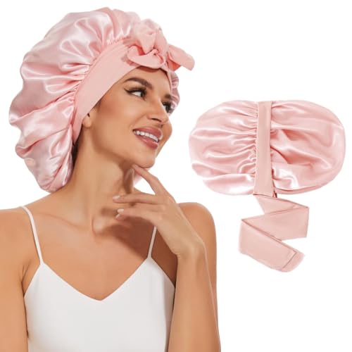 Mumoo Bear Silk Bonnet Satin Hair for Sleeping Night Sleep Hat with Tie Band with Head Wrap for Women (Champagne)