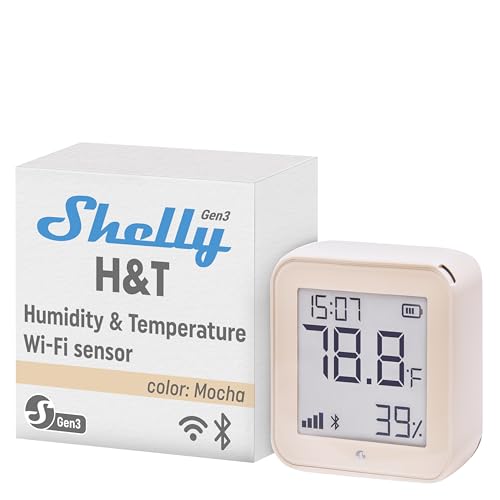 Shelly H&T Gen 3 Mocha Wi-Fi and Bluetooth Temperature & Humidity Sensor Home Automation No Hub Required Long Battery Life Wall Mountable