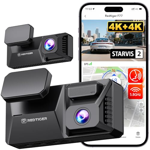 REDTIGER F77 4K+4K HDR Dash Cam Front and Rear, Dual STARVIS 2 IMX678 Sensor, 5.8GHz WiFi Car Camera with 128GB eMMC Storage, Voice Control, 4'' Touch Screen, 24H Parking Mode