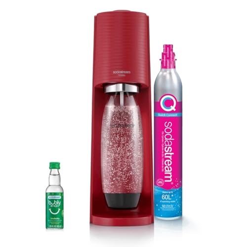 Sodastream - TERRA Red Sparkling Water Maker and lime bubly drop, Turn sparkling water into your favourite drinks, Quick Connect CO2, Eco-Friendly Reusable Bottle, Stylish Kitchen Appliance