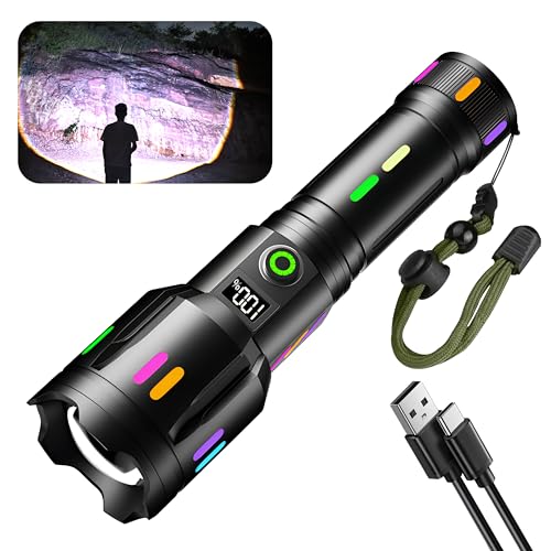 【Led Torch with Fluorescent Strong Lighting】 30000 High Lumens Fast Charging Flashlight with Power Display,6 Lighting Modes IPX67 Waterproof Torches, Zoomable Long Shot Flash Light for Hiking,Camping