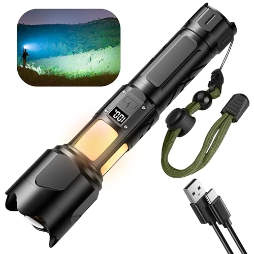 【Led Torch with Fluorescent Strong Lighting】 30000 High Lumens Fast Charging Flashlight with Power Display,6 Lighting Modes IPX67 Waterproof Torches, Zoomable Long Shot Flash Light for Hiking,Camping