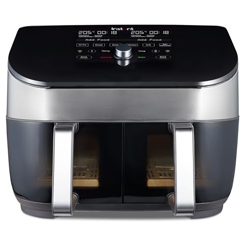 Instant Vortex Plus Dual Air Fryer with Large Double Air Frying Drawers and 8 Smart Programmes - Bake, Roast, Grill, Dehydrate, Reheat, XL Capacity - SyncCook & SyncFinish - Stainless-1700W