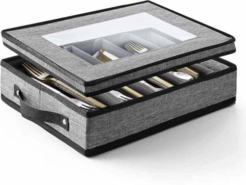 Flatware & Utensil Storage - Durable Silverware Storage Box with Padded Dividers, 5 Compartment Flatware Storage Case, Silverware Case with Handles and Removable Lid - Protects and Organizes Cutlery