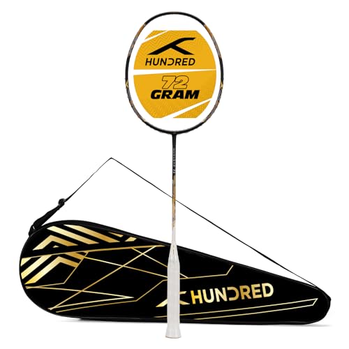 HUNDRED Nuclear 72 Carbon Fibre Unstrung Badminton Racket with Full Racket Cover (Black/White/Gold) | for Professional Players | 72 Grams | Maximum String Tension - 32lbs