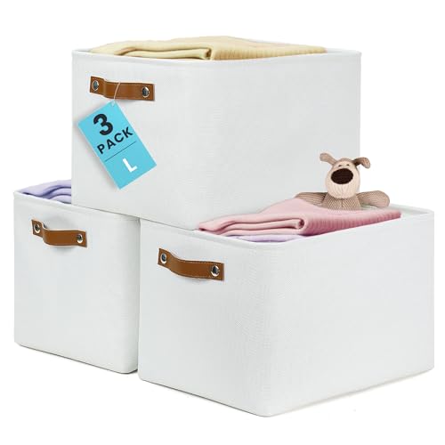 OrganiHaus Large Fabric Storage Baskets for Shelves 3 Pack, 15x11in Closet Storage Bins, Cloth Baskets, Storage Baskets for Bathroom, Linen Closet Organizers, Fabric Basket, White Basket