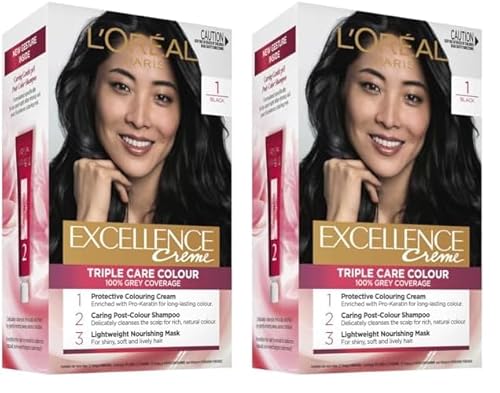 L'Oreal Paris Permanent Hair Dye, Strengthening & With Up To 100% Grey Coverage, Excellence, Bla (Pack of 2)