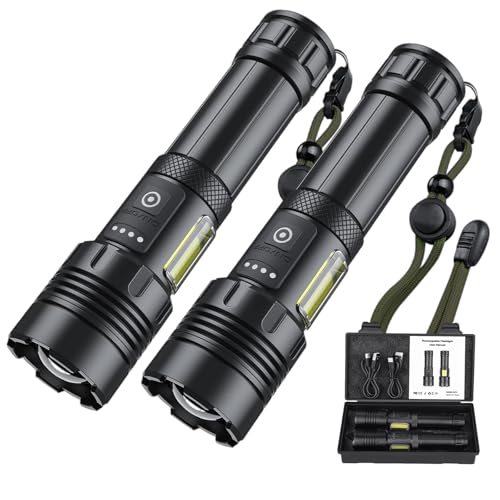 LED Torch Rechargeable Flashlight with Cob Side Light, High Lumens Super Bright Torch, High Powered Torches, Powerful Handheld Tactical Flashlight for Emergency Camping Hiking,