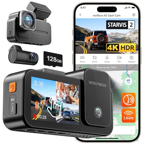 WOLFBOX X5 New 3 Channel 4K HDR Dash Cam, STARVIS 2 IMX678,4K+2.5K+1080P Front and Rear Inside Car Camera with 128GB Card, Voice Control, 5.8GHz WiFi, Touch Screen, Digital Signal, 24H Parking Mode