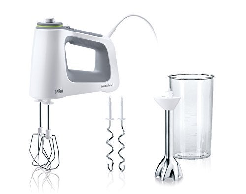 Braun MultiMix 5 HM 5107 Hand Mixer with Continuous Speed Control, Includes Whisk, Dough Hook, Purée Stick and 600 ml Mixing and Measuring Cup, 750 Watt, White
