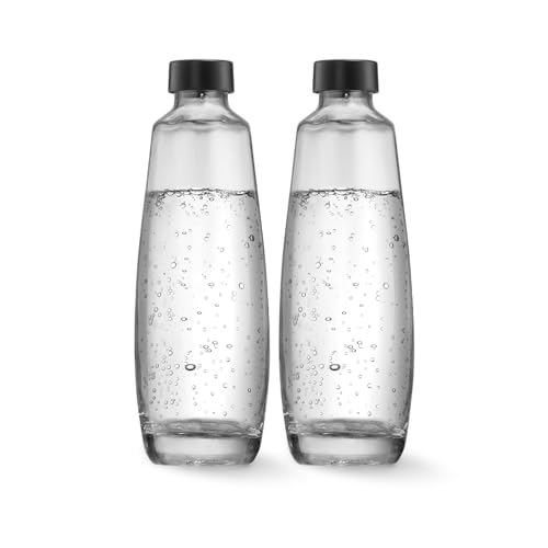 Sodastream - 1 Litre Glass Bottle Twin Pack | Compatible with Duo Sparkling Water Maker | Perfect for a premium dining experience | Dishwasher Safe, Black, 2 x 1L, Glass