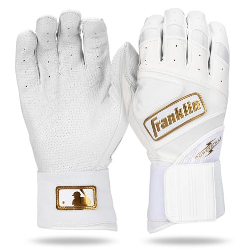 Franklin Sports MLB Batting Gloves - Infinite Powerstrap Baseball + Softball Batting Gloves -Durable Full Wrap Cage Practice Gloves - Reinforced Wrist + Heavy Duty Leather - Adult Small - White + Gold