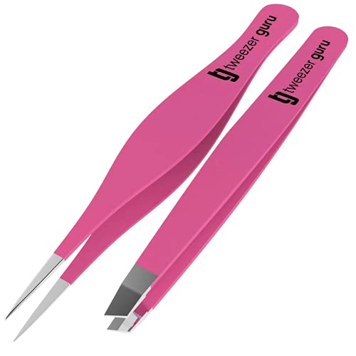 Tweezers Set - Tweezer Guru Stainless Steel Slant Tip and Pointed Eyebrow Tweezer Set - Great Precision for Facial Hair, Ingrown Hair, Splinter, Blackhead and Tick Remover (Pink)