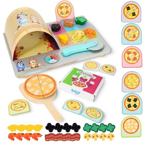 Bluey Wooden Pizza Girls Set – Pretend Play Pizza Making Toy with Slices, Toppings & Wooden Utensils – Imaginative Role Play Food Toy for Kids Ages 3+