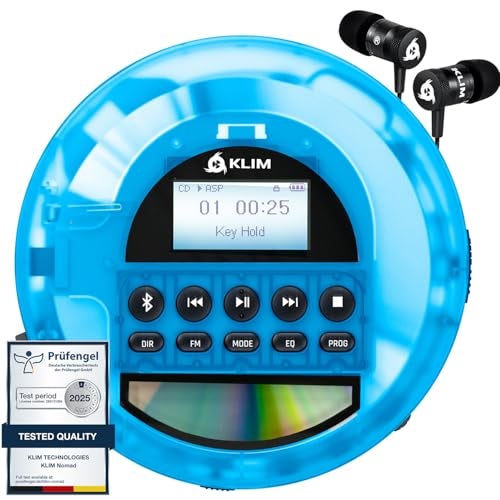 KLIM Nomad Transparent Blue - Portable CD Player Walkman with Long-Lasting Battery - Includes Headphones - Discman MP3 Player - TF Card FM Radio Bluetooth AUX - Ideal for Home, Cars - Version
