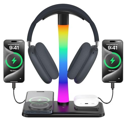 Headphone Stand with Wireless Charger,Gaming Headset Stand with RGB Light Mode,Airpod Max Stand Compatible with Airpod Pro/3/2,for iPhone 17/16/15/14/13/12/11,Gifts for Gamers & Music Lover