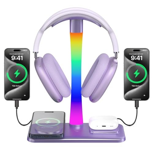 Headphone Stand with Wireless Charger,Gaming Headset Stand with RGB Light Mode,Airpod Max Stand Compatible with Airpod Pro/3/2,for iPhone 17/16/15/14/13/12/11,Gifts for Gamers & Music Lover