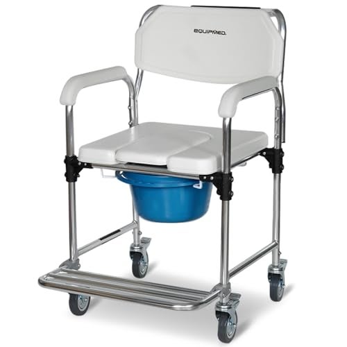 Equipmed Commode Shower Chair, Over Toilet or Bedside 136kg Capacity Aluminium Frame with Wheels, White/Blue