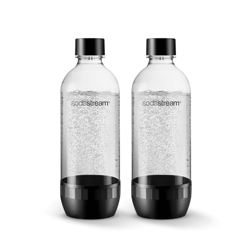 Sodastream - Standard Black 1 Litre Bottle, Twin Pack, Carbonating Water Bottle, BPA-Free and Dishwasher Safe, Hermetic Sealing Lid, Compatible with Most Models, Easy Soda Making, 1L, Plastic