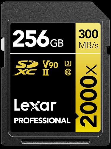 Lexar 256GB Professional 2000x SD Card, UHS-II, C10, U3, V90, Full HD, 8K, Up to 300MB/s Read SDXC Memory Card, for DSLR, Cinema-Quality Video Cameras (LSD2000256G-BNNNU)