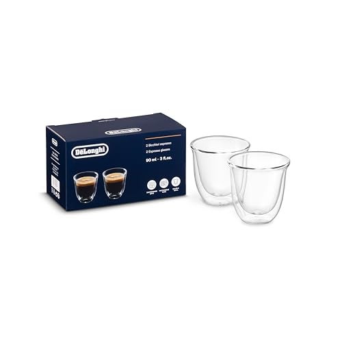 De'Longhi DBWALLESP Sets of 2 Espresso Glasses Pack, Coffee Machine Accessories, 60 ml, Borosilicate Glass, Dishwasher Safe
