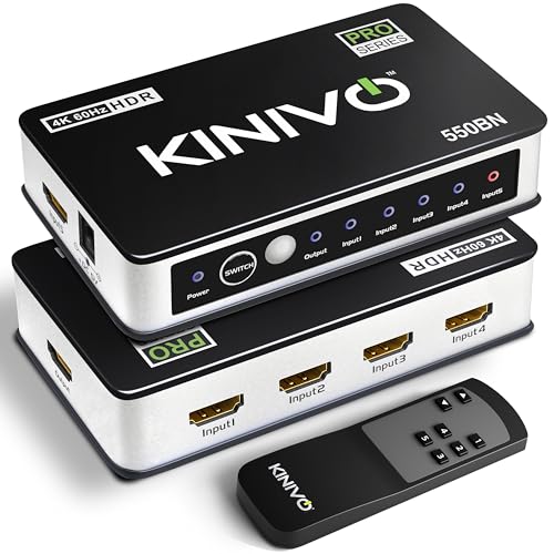 Kinivo 550BN 4K HDMI Switch with IR Wireless Remote (5 Port, 4K 60Hz, HDMI 2.0, HDR, HDCP, 3D, High Speed-18Gbps, Auto Switch) - Compatible with PS5/PS4, Xbox, Apple TV, Blu-ray Player, Cable Box