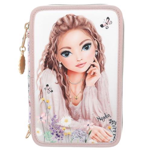 Depesche 13302 TOPModel Summer Feeling - Filled 3-Compartment Pencil Case in Pink, with TopModel Motif and Flowers, Pencil Case with Colouring Pencils, Ruler, Scissors etc.