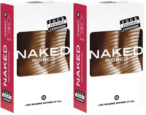 Four Seasons Naked Ribbed Condoms, 12 Count (Pack of 24) – Ultra-Thin, Textured for Enhanced Pleasure, Lubricated, 52mm Nominal Width, Premium Latex