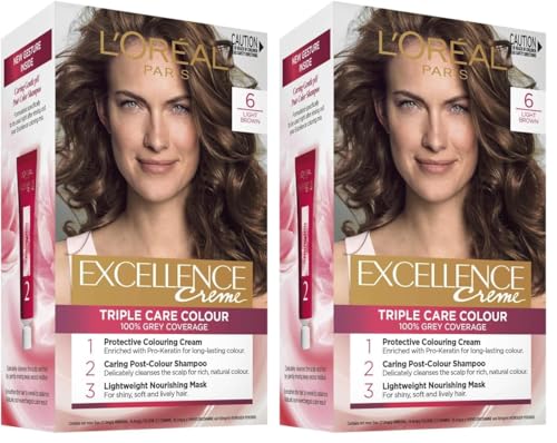 L'Oreal Paris Permanent Hair Dye, Strengthening & With Up To 100% Grey Coverage, Excellence, Lig (Pack of 2)