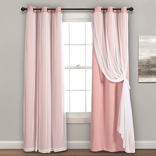 Lush Decor Grommet Sheer Panels with Insulated Blackout Lining Window Curtain Panel Pair, 95" L x 38" W, Pink