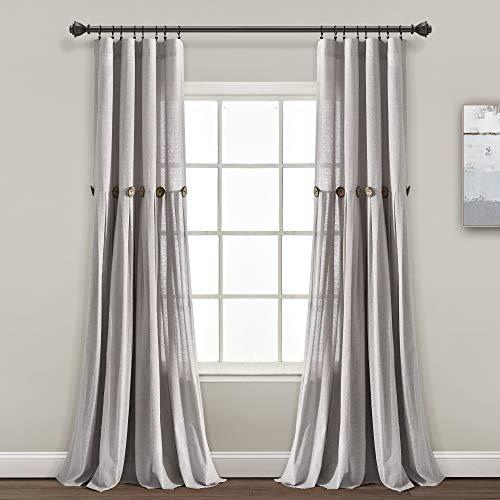 Lush Decor Linen Button Farmhouse Curtains, Single Panel, Pleated Two Tone Design 40" W x 95" L, Gray