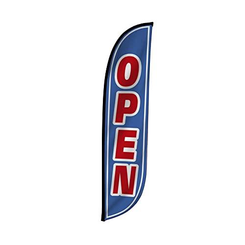 LookOurWay Feather Flag Banner - 12 Feet Tall Advertising Flags for Outdoor Business and Events Promotion - Swooper Flag Only - Grand Opening Flags - Open Blue & Red (10M1200107)