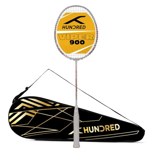 HUNDRED Viper 900 Carbon Fibre Strung Badminton Racket with Full Racket Cover (White/Red) | for Intermediate Players | 79 Grams | Maximum String Tension - 32lbs