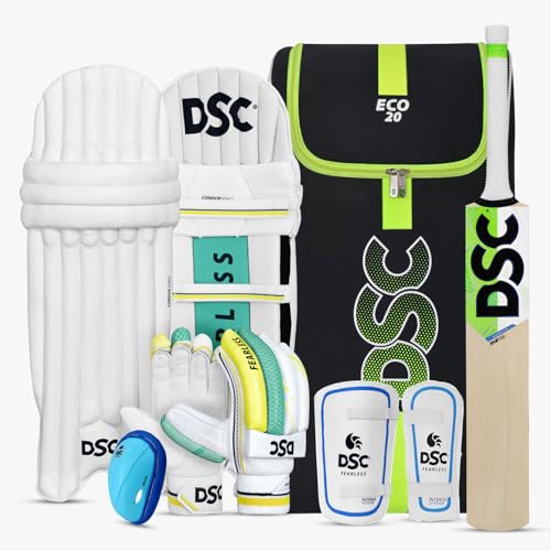 DSC Kashmir Willow Bat Krunch 440, Atmos Batting Gloves, Atmos Batting Pads, Attitude Thigh Pad, Attitude Abdominal Guard, Attitude Arm Guard, Kitbag Eco 20 Kashmiri Willow Set