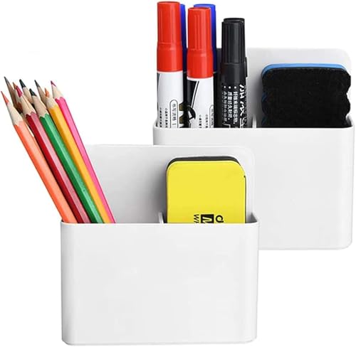 2 Pack Magnetic Dry Erase Marker Holder, Pen and Eraser Holder for Whiteboard，Magnet Pencil Cup Utility Storage Organizer for Office, Refrigerator, Locker and Metal Cabinets