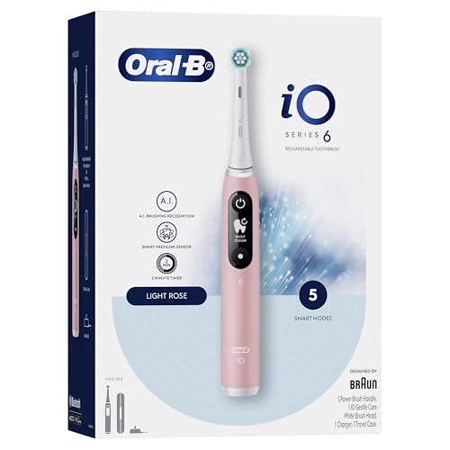 Oral-B iO Series 6 Gentle Clean Electric Toothbrush with A.I. Connectivity, Travel Case, and LED Interactive Screen, Light Pink