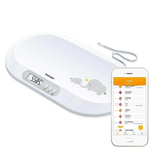 Beurer BY90 Baby Scale with App | Bluetooth Connection to BabyCare app to Track Baby's Development | Comfortable Weighing Surface | Integrated Measuring Tape | Hold Function for wriggling Babies
