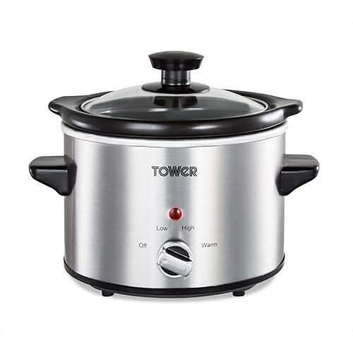 Tower Stainless Steel Slow Cooker with 3 Heat Settings, Keep Warm Function, Tempered Glass Lid, Removable Ceramic Pot, 1.5 Litre, 120 W, Silver