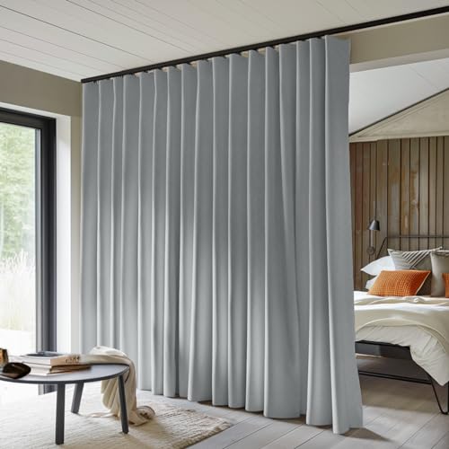 MaKefeile Room Divider Curtains Total Blackout Privacy Curtain Panel Room Thermal Insulated Noise Reduction Curtain for Bedroom Window Living Room Ceiling Track Curtain W 15 ft × H 7 ft Light-Grey.