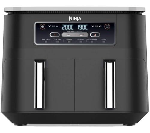 Ninja Foodi Dual Zone Digital Air Fryer, 2 Drawers, 7.6L, 6-in-1, Uses No Oil, Air Fry, Max Crisp, Roast, Bake, Reheat, Dehydrate, Cooks 4-6 Portions, Non-Stick, Dishwasher Safe Baskets, Black AF300UK