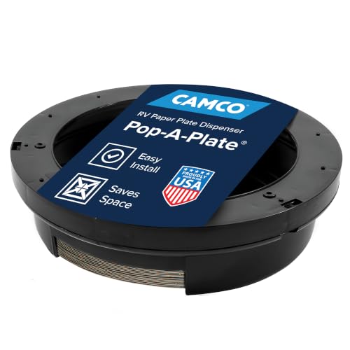Camco 9-inch Pop-A-Plate Plastic Plate Dispenser | Ideal for Compact Spaces, RVs and Trailers | Mounts Under Cabinets or Shelves | Black (57006)