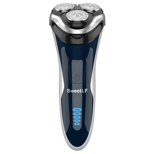 Electric Razor for Men, SweetLF 100% Waterproof Electric Shaver, Type C Rechargeable, Wet & Dry Rotary Shavers for Men with Pop up Trimmer, Corded and Cordless, Navy Blue