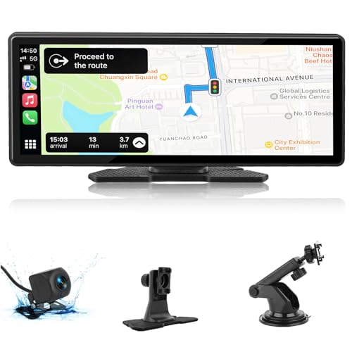 TMA 9" Wireless Carplay Screen, Portable Car Stereo with Carplay & Android Auto Touch Screen, with 4K Dash Cam & 1080P Backup Camera, GPS Navigation, Mirror Link, Voice Control for All Vehicles