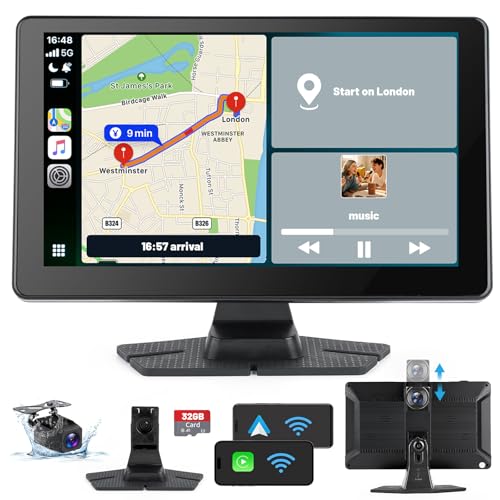 TMA 9" Wireless Carplay Screen, Portable Car Stereo with Carplay & Android Auto Touch Screen, with 4K Dash Cam & 1080P Backup Camera, GPS Navigation, Mirror Link, Voice Control for All Vehicles