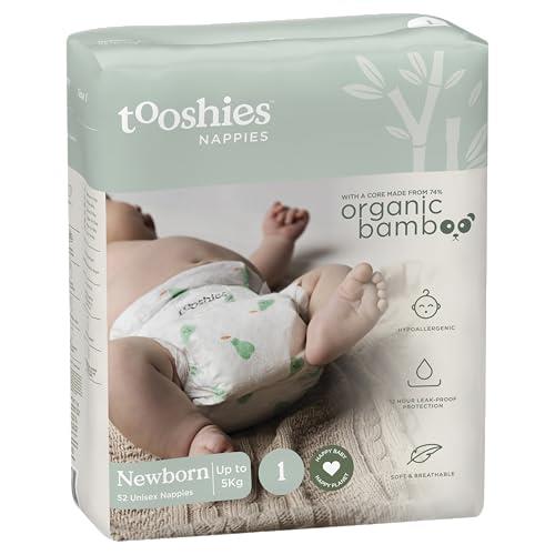 Tooshies Nappies | Size 1 Newborn 3-5kg | Made with Organic Bamboo | 12 hrs leak free | Unisex | Pear Print | 1 WEEK SUPPLY