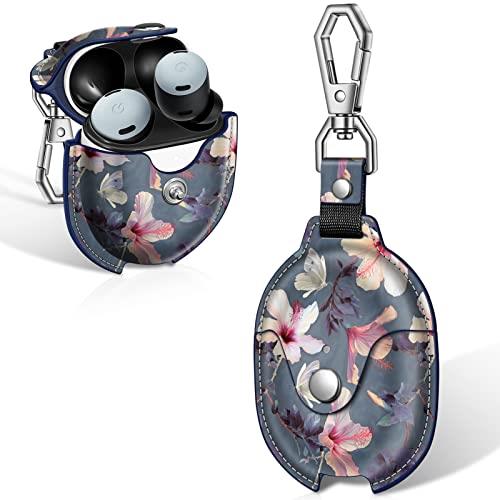 Fintie Protective Case for Google Pixel Buds Pro 2 (2024) / Google Pixel Buds Pro (2022), Premium PU Leather Slim Fit Metal Snap Closure Portable Cover Skin with Keychain, Blooming Hibiscus