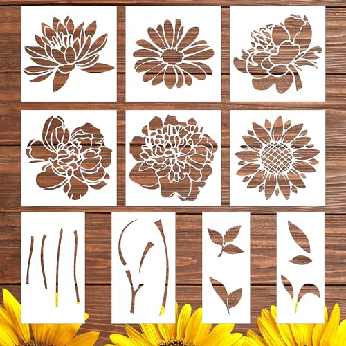 Keluna Large Flower Stencils - 10 Pcs for Painting on Walls & Wood Fence - Sunflower & Peony Designs