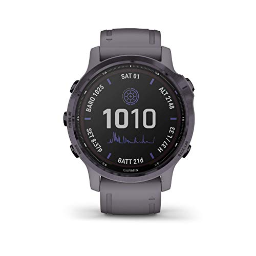 Garmin Fenix 6S Pro Solar, Premium Multisport GPS Smartwatch, Amethyst Steel with Shale Grey Band