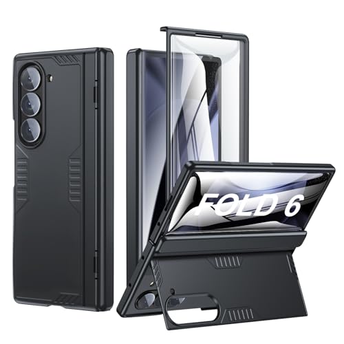 Kaiiecal for Samsung Galaxy Z-Fold-6 Case: [Hidden Kickstand][Wireless Charging] Slim Hinge Lightweight Stand Case with Screen Protector - Soft Protective Phone Cover for Z Fold 6 5G 2024 Black